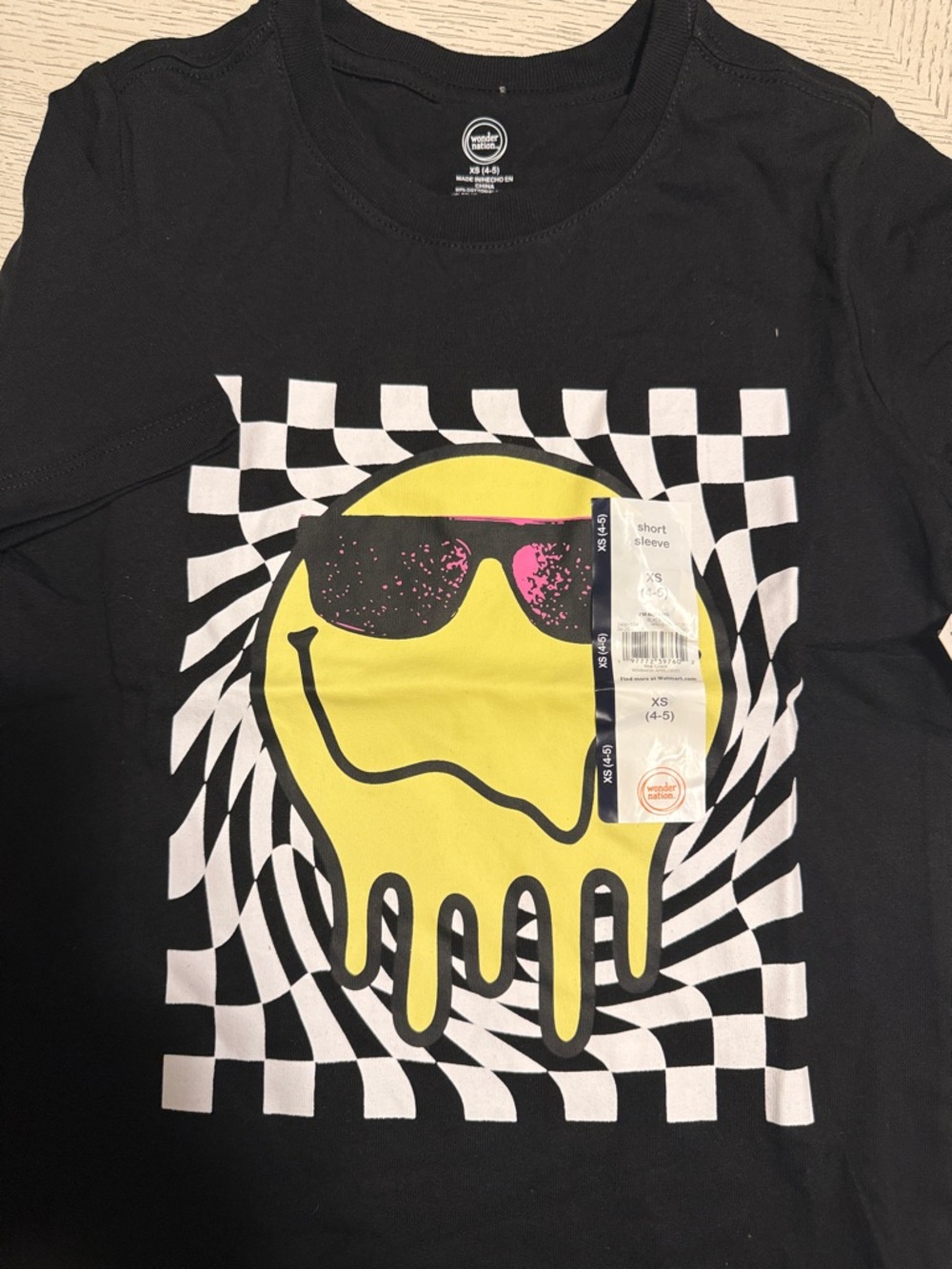 wonder nation Black Tee with Yellow Smiley and Pink Sunglasses